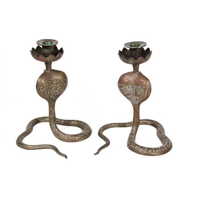 Indian Pair of Vintage Hand-Engraved Brass Cobra Snake Candleholders For Sale - Image 3 of 16
