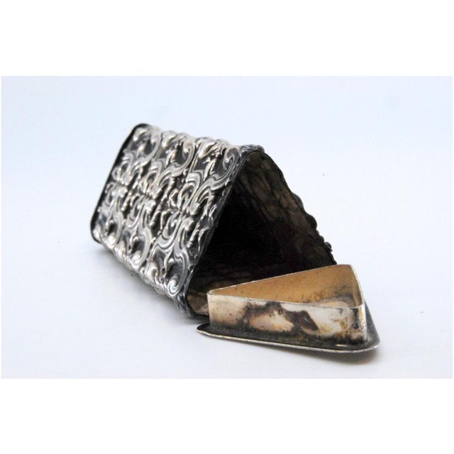 Toothpick Holder in Embossed Silver in a Triangular Shape with a Lid for Opening For Sale - Image 3 of 10