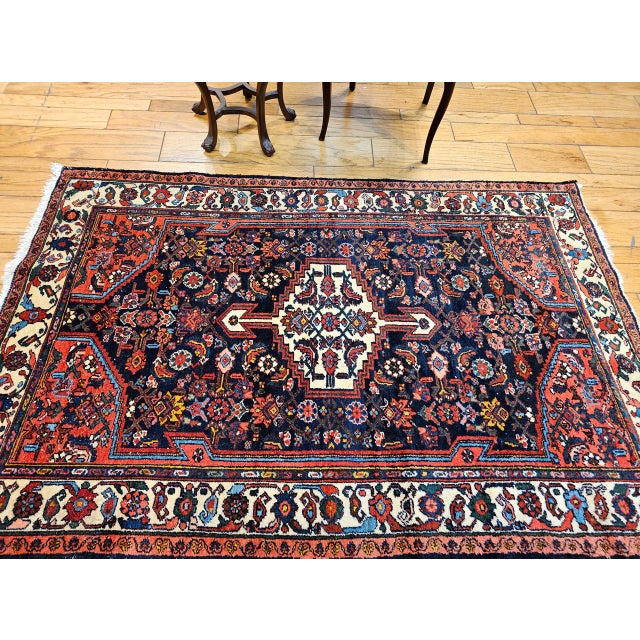 Vintage Persian Bakhtiari Rug, Handwoven Wool, Floral Pattern, Navy & Ivory, 5x7 For Sale - Image 14 of 14
