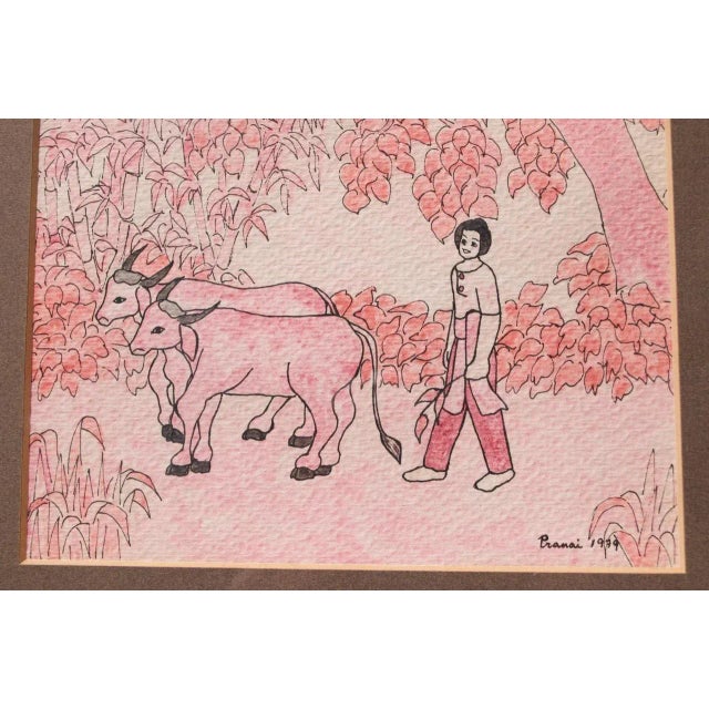 1970s Vintage Southeastern Asian Figural Ink and Watercolor For Sale - Image 5 of 12