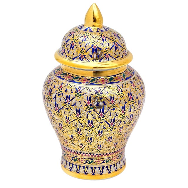 Traditional Late 20th Century Thai Benjarong Hand-Painted Gilt Porcelain Covered Jar 6.6" For Sale - Image 3 of 17