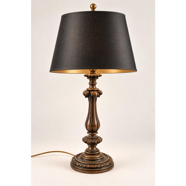 Gothic Vintage Neoclassical Acanthus Table Lamp With Black and Gold-Lined Shade For Sale - Image 3 of 8