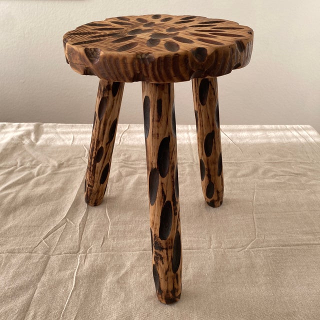 Vintage brutalist hand carved tripod milking stool. Solid sturdy little stool, with hand carved detail from every angle....
