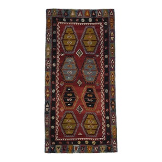 1970s Vintage Handmade Wool Cotton Red Kilim Runner Rug For Sale