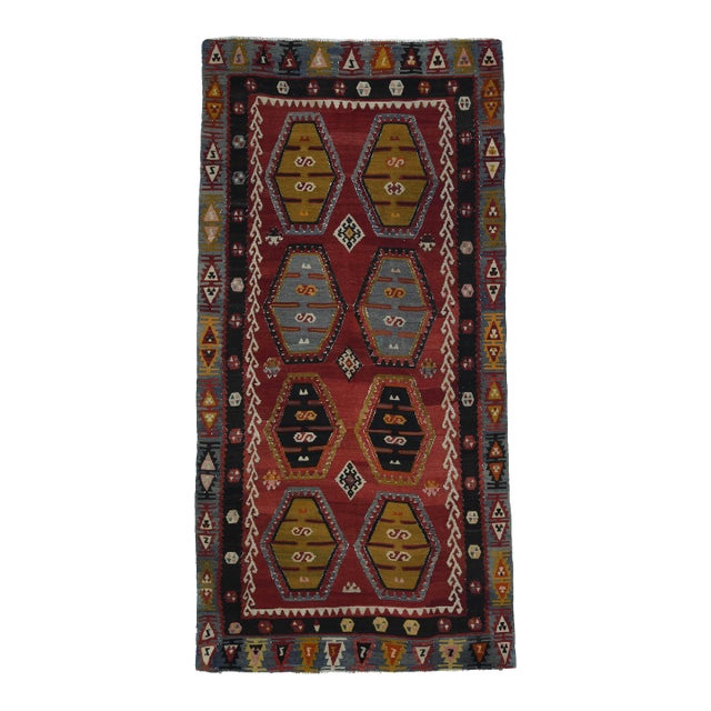1970s Vintage Handmade Wool Cotton Red Kilim Runner Rug For Sale