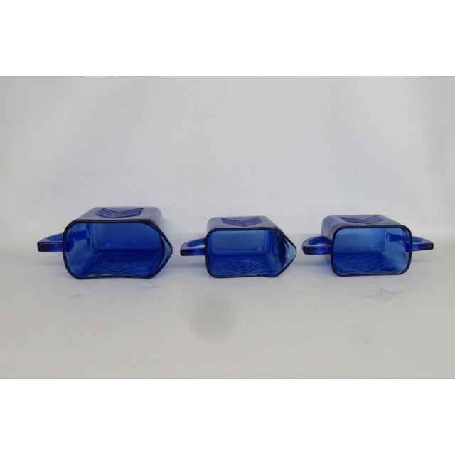 Glass Mid 20th Century Hazel Atlas Cobalt Blue Glass Chevron 3pc Set 2 Creamers and Sugar Bowl For Sale - Image 7 of 12