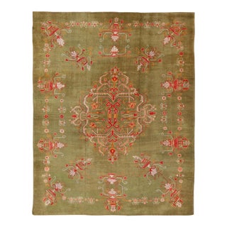 Antique Turkish Oushak Rug in Green Field, Red, Orange & Rich Colorful Accent For Sale