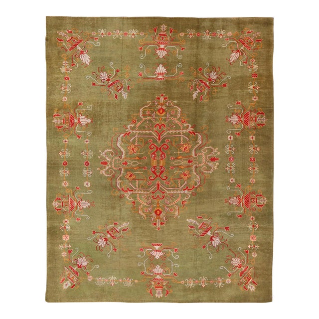 Antique Turkish Oushak Rug in Green Field, Red, Orange & Rich Colorful Accent For Sale