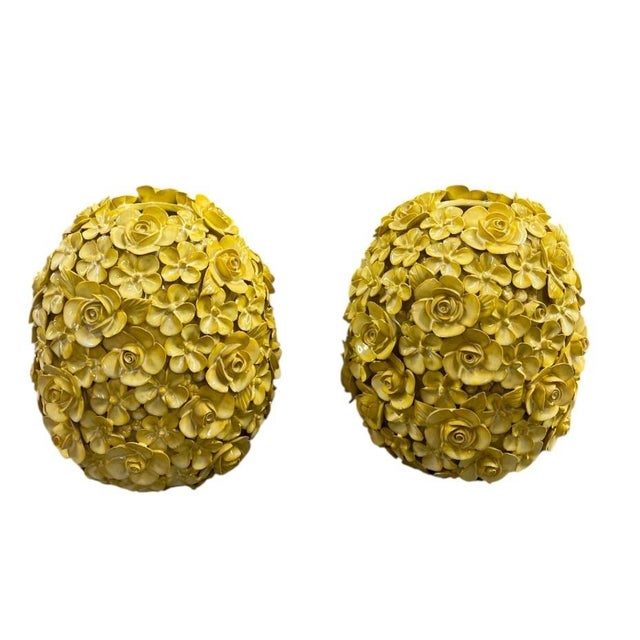 Pair of Vintage Italian Majolica Ceramic Floral Ball Vases For Sale - Image 4 of 12