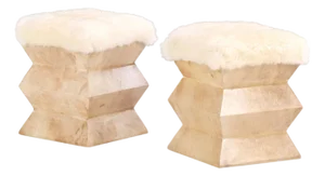 A Pair of Parchment Covered Stools of Architectural Form.