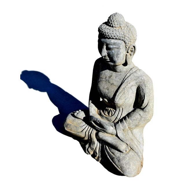 Stone Antique Stone Buddha Statue Hand Carved 19th Century Tang Style For Sale - Image 7 of 17