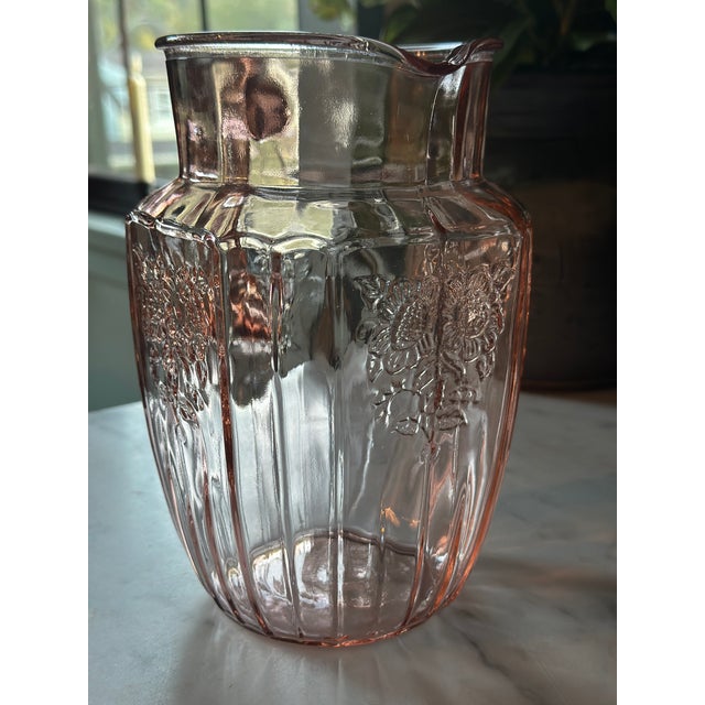 1930s 930s Hocking Glass 'Mayfair / Open Rose' Pink Depression Pitcher For Sale - Image 5 of 5