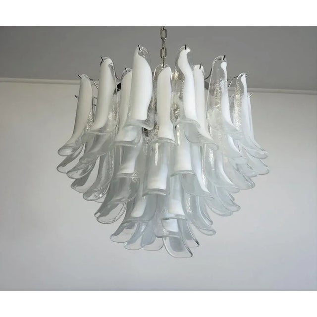 Vintage Italian Murano Chandelier with 53 Transparent Lattimo Glass Petals from Mazzega, 1982 For Sale - Image 10 of 13