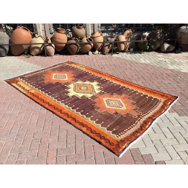 This beautiful, vintage, handwoven kilim is approximately 50 years old. It is handmade, of very fine quality hand spun...