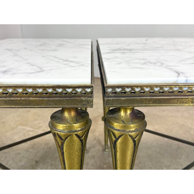 Stone Mid 20th Century French Neoclassical Regency Style Tripartite X-Base Brass & Carrara Marble Tables For Sale - Image 7 of 12
