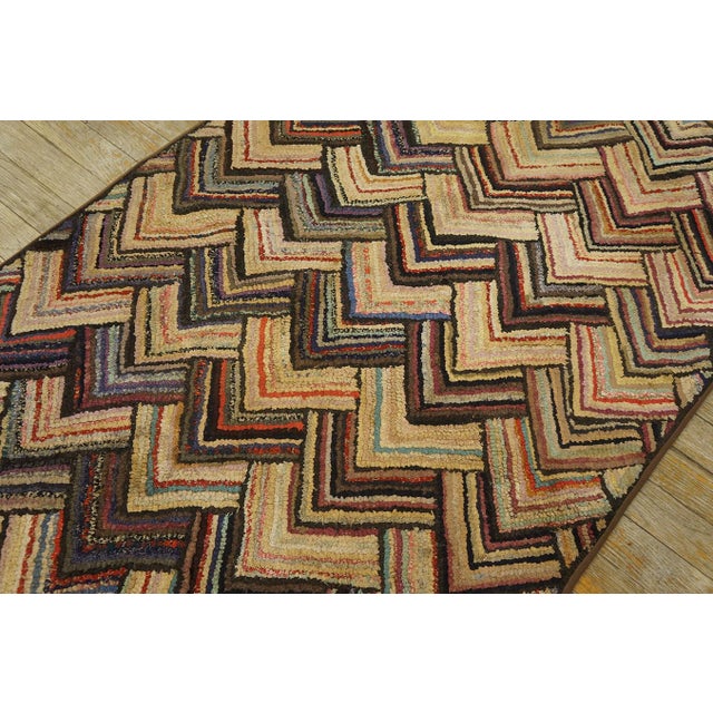 1920s Multi Brown Zig Zag Folk Art Antique American Hooked Rug 2' 7'' X 4' 6'' Handwoven Wool Carpet For Sale - Image 11 of 13