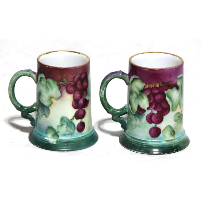 Limoges, France Pair of Beautiful Antique JPL Limoges Hand Painted Grape Themed Porcelain Tankards For Sale - Image 4 of 6
