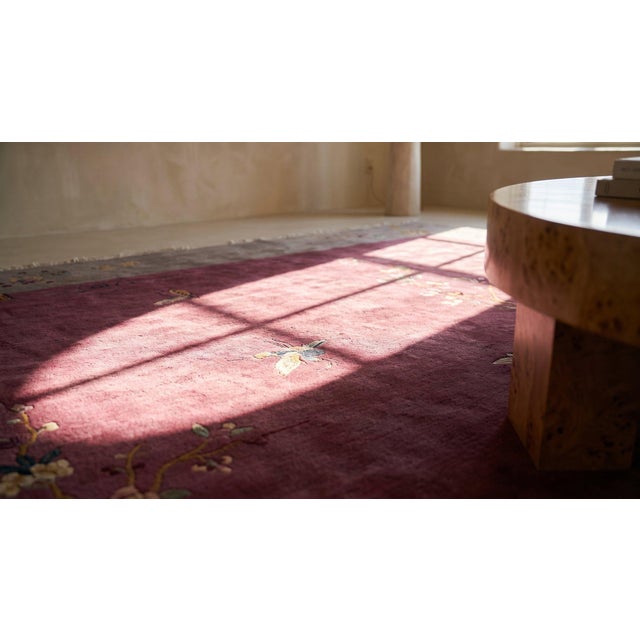 1920s Purple Floral Minimalist Antique Chinese Art Deco Rug 9' X 11' 4" Knotted Wool Carpet For Sale - Image 11 of 13