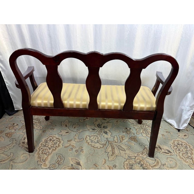 Vintage Queen Anne Style Triple-Back Walnut Settee With Stripe Satin Cushion For Sale - Image 12 of 12