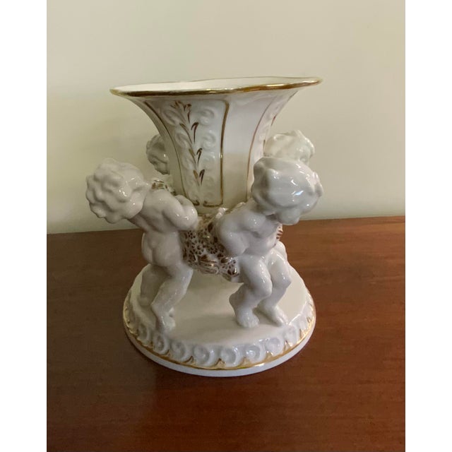 Mid 20th Century Karl Tutter Hutschenreuther Porcelain Centerpiece Vase With 4 Putti 9 3/8" Tall For Sale - Image 5 of 6