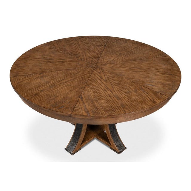 Brown Transitional Round Dining Table, Medium - Light Brown Oak With Hammered Iron Accents For Sale - Image 8 of 11