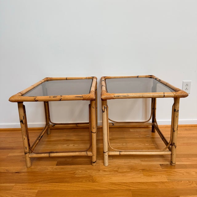 Wood Vintage Burnt Bamboo, Rattan & Smoked Glass Coastal Modern Side Tables — A Pair For Sale - Image 7 of 7