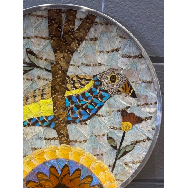 Late 20th Century Vintage Brazilian Butterfly Wing Bird Tray Wall Art, Round Lucite and Steel For Sale - Image 5 of 5