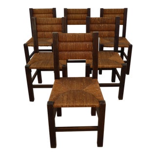 Set of 6 French Rush and Wood Dining Chairs, 1945 For Sale