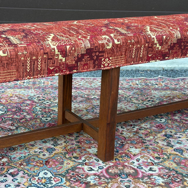 Chippendale Antique Oak Block Leg Bench Newly Reupholstered in Turkish Orange Kilim Fabric For Sale - Image 3 of 11