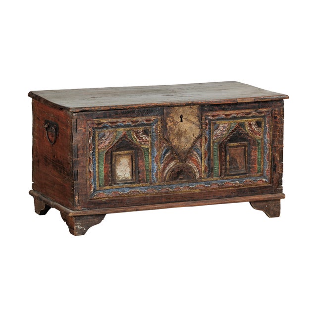 Antique Indian Painted Chest with Hinged Lid and Traces of Original Mirrors For Sale - Image 14 of 18