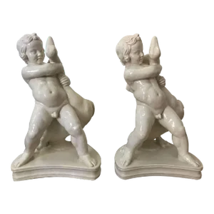 A Rare Life-Size 19th Century Pair of Boy With Goose Sculptures, Glazed Earthenware