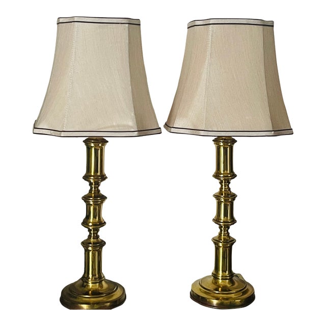 1960s Pair of Brass Table Lamps With Custom Silk Shades For Sale