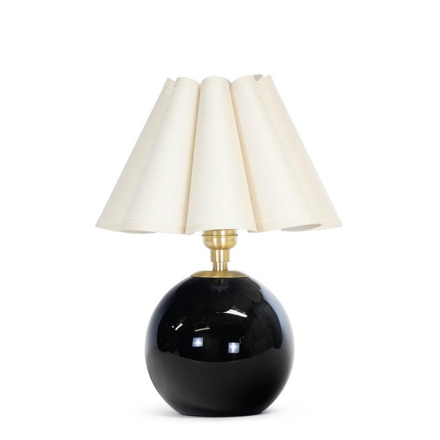 Contemporary Giorgio Black Glass Mini Lamp, Natural Brass with Oyster Scalloped Shade For Sale - Image 3 of 3