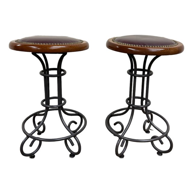 Vintage Virginia House Oxblood Burgundy Vinyl Nailhead Swivel Backless Barstools For Sale