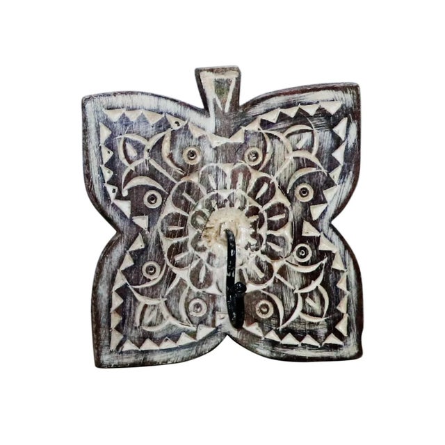 Rustic Hand Carved Mango Wood Wall Hook | Rustic Entryway Coat Rack | Antique Distressed Boho Mudroom Peg | Unique Bathroom Towel Hanger Decor For Sale - Image 3 of 6