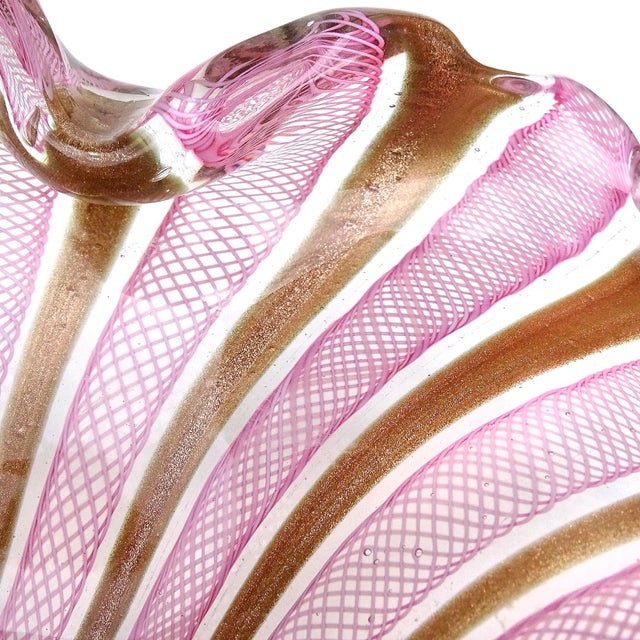 Mid 20th Century Murano Fratelli Toso Pink White Copper Aventurine Ribbons Vintage Italian Large Art Glass Bowl For Sale - Image 5 of 8