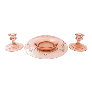 Vintage Pink Depression Glass Centerpiece Bowl With Etched Floral Motif & Matching Candlesticks – 3-Piece Set For Sale