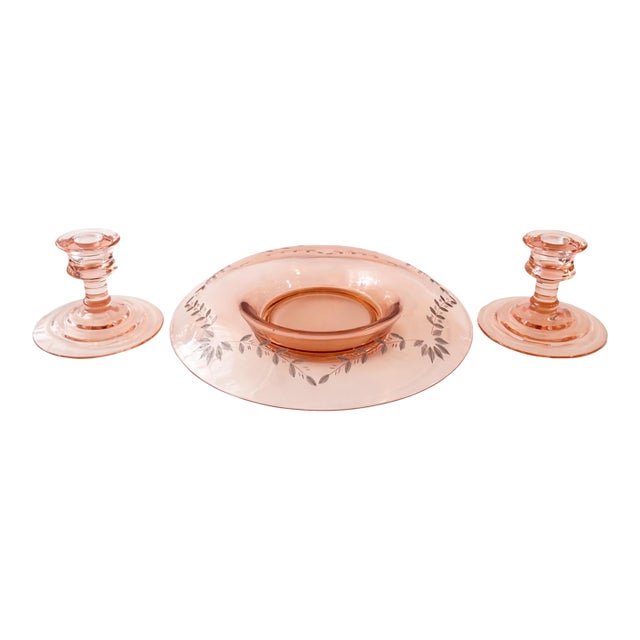 Vintage Pink Depression Glass Centerpiece Bowl With Etched Floral Motif & Matching Candlesticks – 3-Piece Set For Sale