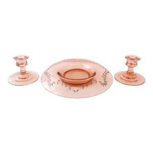 Vintage Pink Depression Glass Centerpiece Bowl With Etched Floral Motif & Matching Candlesticks – 3-Piece Set
