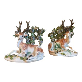 Antique 18th Century English George III Derby Porcelain Models of Recumbent Deer - Stag, Buck at Lodge - a Pair For Sale