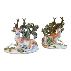 Antique 18th Century English George III Derby Porcelain Models of Recumbent Deer - Stag, Buck at Lodge - a Pair