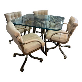 Vintage Cal-Style Bronzed Chrome & Glass Dining Set With Rolling Armchairs — Set of 5 For Sale