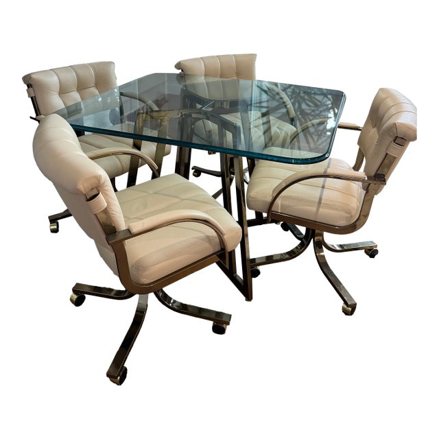 Vintage Cal-Style Bronzed Chrome & Glass Dining Set With Rolling Armchairs — Set of 5 For Sale