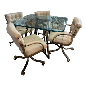Vintage Cal-Style Bronzed Chrome & Glass Dining Set With Rolling Armchairs — Set of 5