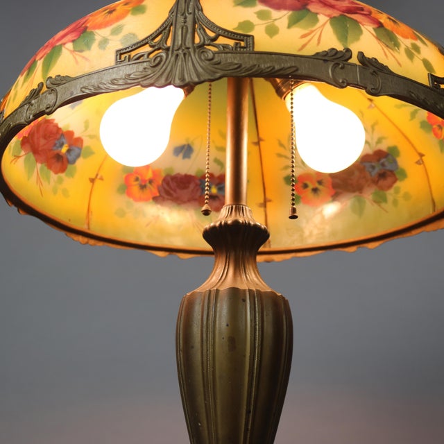 Brass Antique Bradley & Hubbard Arts and Crafts Reverse Painted Floral Lamp Signed For Sale - Image 8 of 12