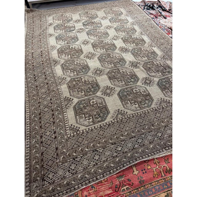 Muted Cloud Grey, Taupe, and Steel Blue Vintage Ersari Elephant Track Organic Wool Rug 8.4 x 11.6 For Sale - Image 4 of 6