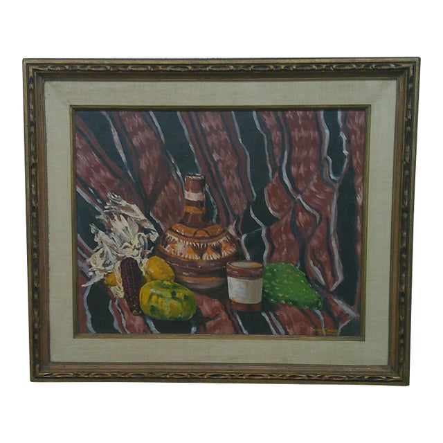 Vintage Mid‑Century Modern Still Life With Earthenware and Gourds For Sale
