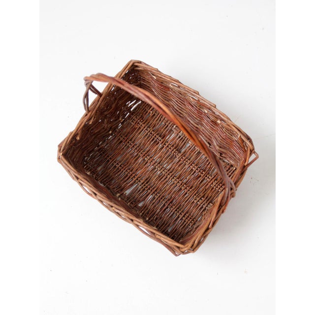 Vintage Rustic Woven Willow Market Basket With Handle For Sale - Image 10 of 12