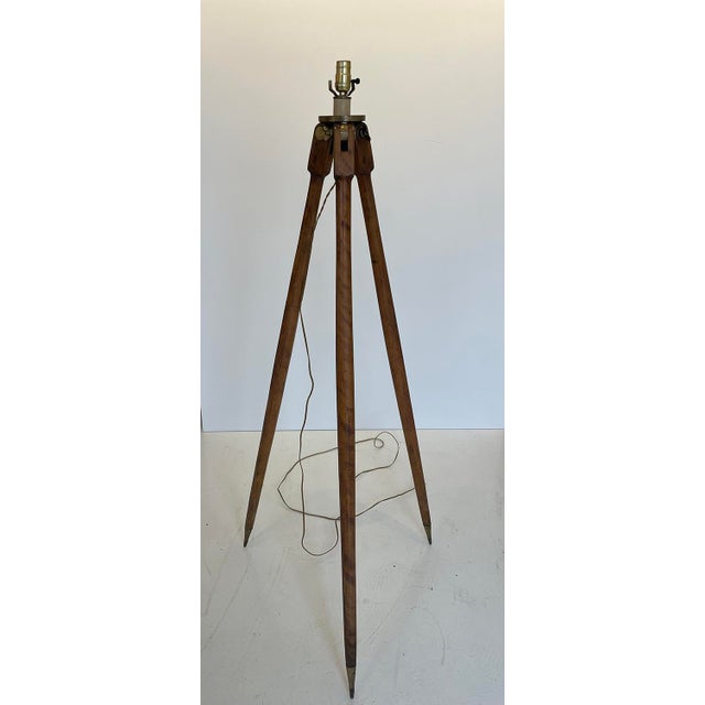 Shabby Chic Vintage Surveyor’s Tripod Floor Lamp in Oak With Brass Hardware, 61” H For Sale - Image 3 of 12