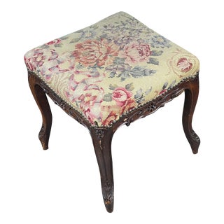 Antique Stool French Carved Louis XV Cushioned Tapestry W/ Cabriole Legs For Sale